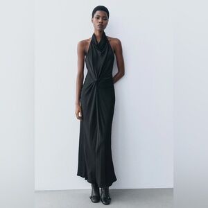 Zara Women’s Long Halter Black Maxi Open Back Knot Dress XS Glam Party Night Out